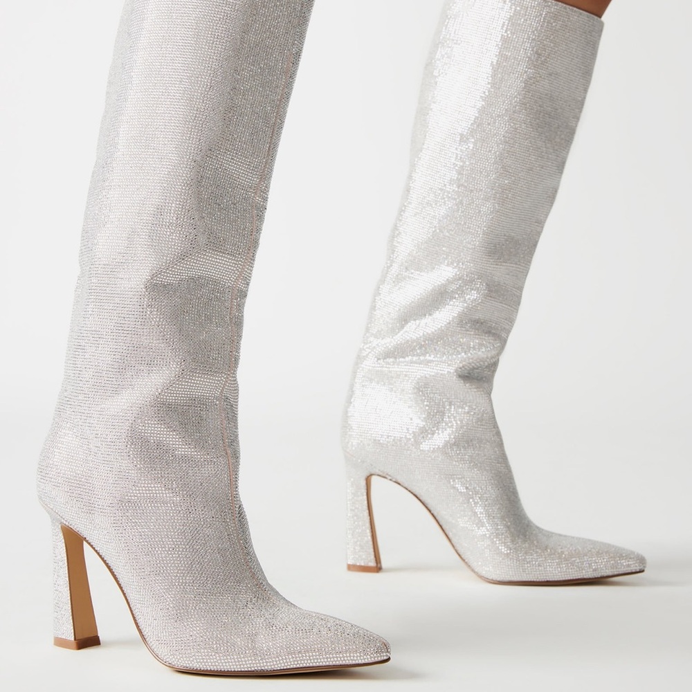 BOOTS Steve Madden Rhinestone Silver Heeled Knee High Boots Modern Elegance